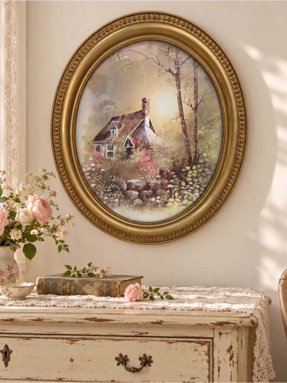 Vintage Oval Cottage Landscape Print | Gold Tone Frame Cottagecore Wall Art